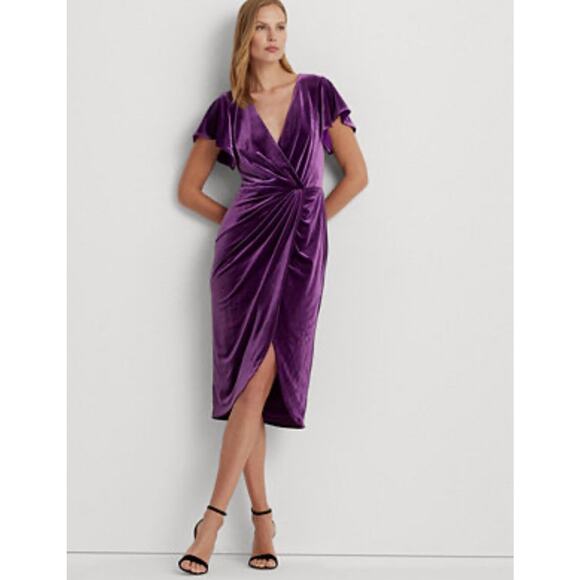 Lauren Ralph Lauren Women's Velvet Flutter-Sleeve Cocktail Dress, Purple 12 - Picture 1 of 3